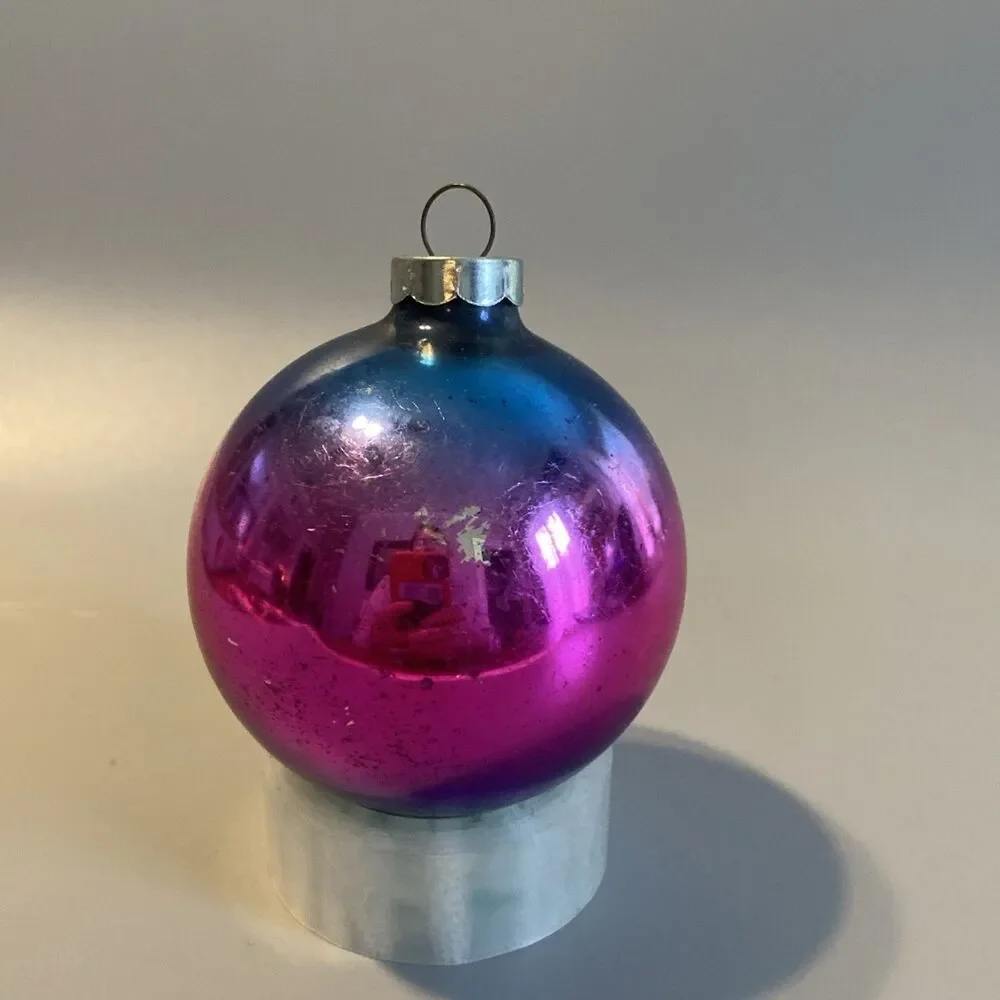Vintage Christmas Ombre Glass Ornament Hand Made In USA Blue Pink Fade Ball